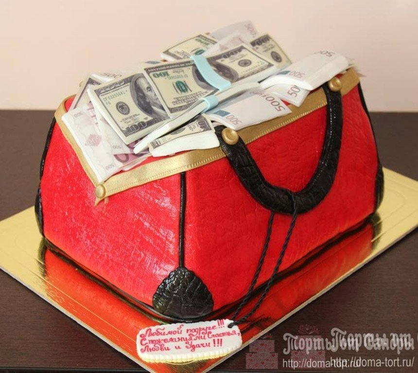 Торт - Красная женская сумочка набитая пачками денег