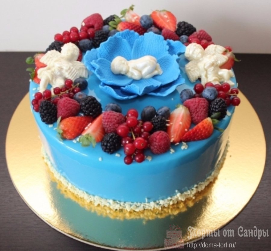 Муссовый Евро-торт в зеркальной глазури с ягодами и белым шоколадом - На рождение или 1 годик ребенка
